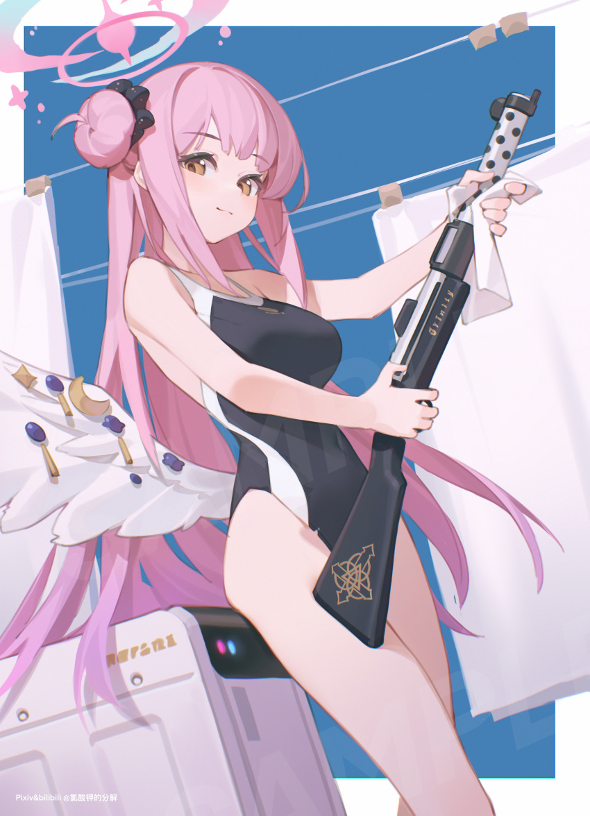 1girl absurdres angel_wings bilibili_xiaolu blue_archive breasts clothes_pin clothesline commentary_request competition_swimsuit covered_navel drying drying_clothes feathered_wings gun hair_bun halo highres holding holding_gun holding_weapon lanchester_smg large_breasts long_hair looking_at_viewer mika_(blue_archive) one-piece_swimsuit pink_hair solo submachine_gun swimsuit weapon wings yellow_eyes