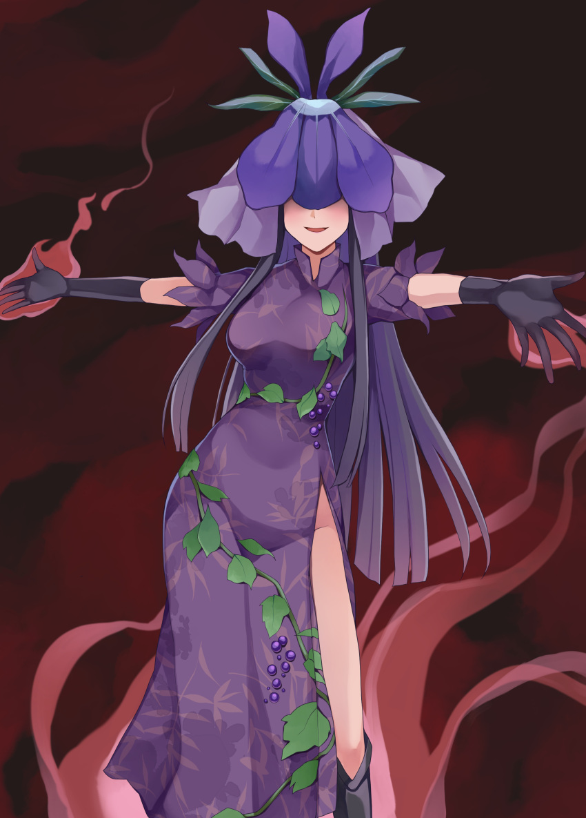 1girl absurdres black_footwear black_gloves black_hair boots china_dress chinese_clothes covered_eyes dress feet_out_of_frame flower flower_on_head food_print fruit_print gloves grape_print highres knee_boots koizumo long_hair open_mouth outstretched_arms purple_dress purple_flower short_sleeves smile solo spread_arms touhou unfinished_dream_of_all_living_ghost vine_print yomotsu_hisami