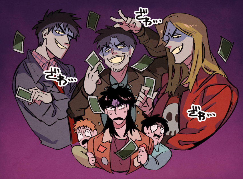 6+boys andou_mamoru blonde_hair brown_hair brown_jacket card commentary_request frown funai furuhata_takeshi glasses gloom_(expression) grin highres holding holding_card hyena_(kaiji) inudori itou_kaiji jacket kaiji kitami_(kaiji) long_hair looking_at_another male_focus medium_bangs multiple_boys open_mouth parted_bangs pink_shirt plaid plaid_shirt playing_card print_shirt purple_background red_jacket shaded_face shirt short_bangs short_hair skull_print smile upper_body zawa_(onomatopoeia)