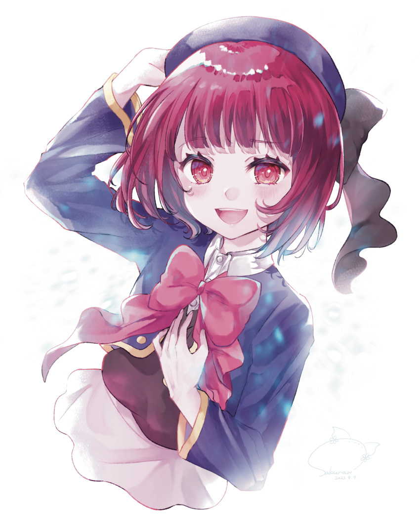 1girl absurdres arima_kana beret black_sweater_vest blue_headwear bob_cut hat hat_ribbon highres inverted_bob looking_at_viewer open_mouth oshi_no_ko red_eyes redhead ribbon school_uniform short_hair simple_background skirt smile solo sweater_vest upper_body white_background wsakuraw youtou_high_school_uniform