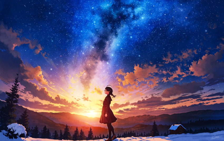 1girl ahoge black_dress black_hair black_pantyhose blue_sky cabin clouds commentary_request dress forest galaxy glasses highres landscape long_hair milky_way morning mountain nature original pantyhose scenery semi-rimless_eyewear short_hair short_twintails sky snow standing star_(sky) starry_sky sunrise tree twintails under-rim_eyewear vinci_v7