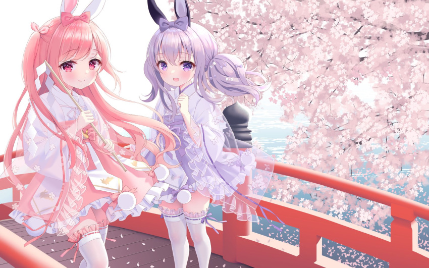 2girls :d animal_ears bow branch bridge bunny_day chitosezaka_suzu closed_mouth commentary_request feet_out_of_frame flower frilled_skirt frilled_sleeves frilled_thighhighs frills hair_between_eyes hair_bow highres japanese_clothes kimono long_sleeves multiple_girls original petals pink_flower pink_hair pink_skirt purple_bow purple_hair purple_skirt rabbit_ears red_bow red_eyes ribbon-trimmed_legwear ribbon_trim see-through skirt smile thigh-highs twintails two_side_up violet_eyes water white_kimono white_thighhighs wide_sleeves