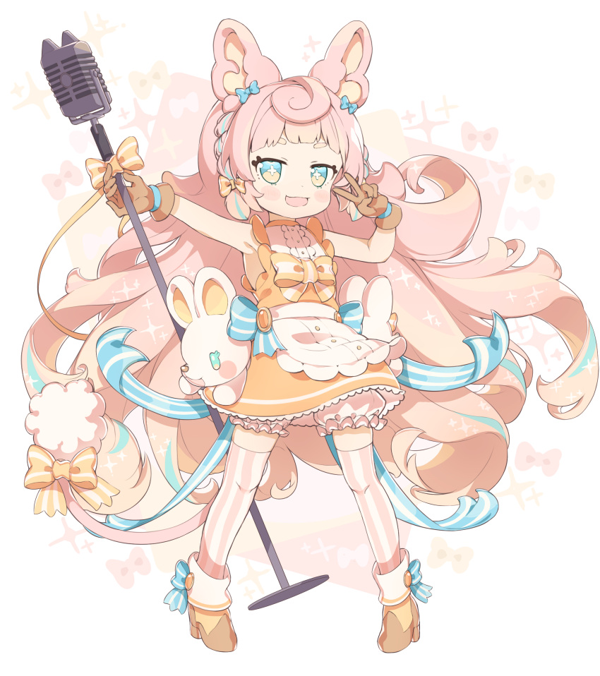 1girl :d absurdly_long_hair absurdres animal_ears apron blue_bow blue_eyes bow braid brown_gloves chest_bow dress gloves hair_bow highres holding holding_microphone_stand indie_virtual_youtuber korone_pochi long_hair microphone microphone_stand mouse_ears mouse_tail outstretched_arm pink_hair re_pen_(repen0pen) ribbon sleeveless sleeveless_dress smile smug sparkle striped striped_bow stuffed_animal stuffed_mouse stuffed_toy symbol-shaped_pupils tail thick_eyebrows v very_long_hair virtual_youtuber waist_apron white_apron white_background yellow_bow yellow_dress zettai_ryouiki
