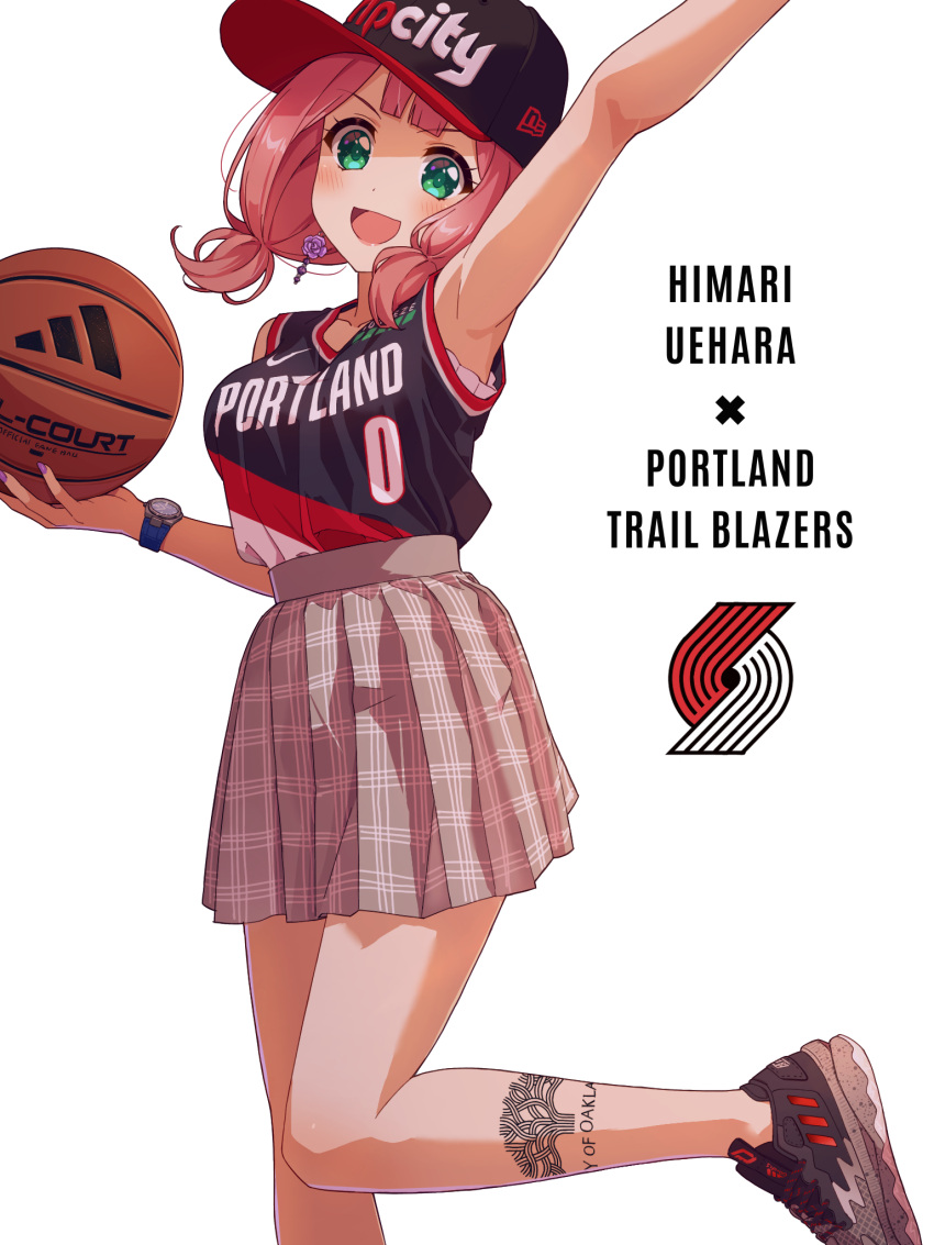 1girl arm_up ball bang_dream! baseball_cap basketball_(object) black_footwear black_headwear blush breasts green_eyes grey_skirt hat highres holding holding_ball looking_at_viewer medium_breasts national_basketball_association open_mouth pink_hair portland_trail_blazers shoes simple_background skirt smile sneakers solo twintails uehara_himari watch white_background yazawa_happyaro