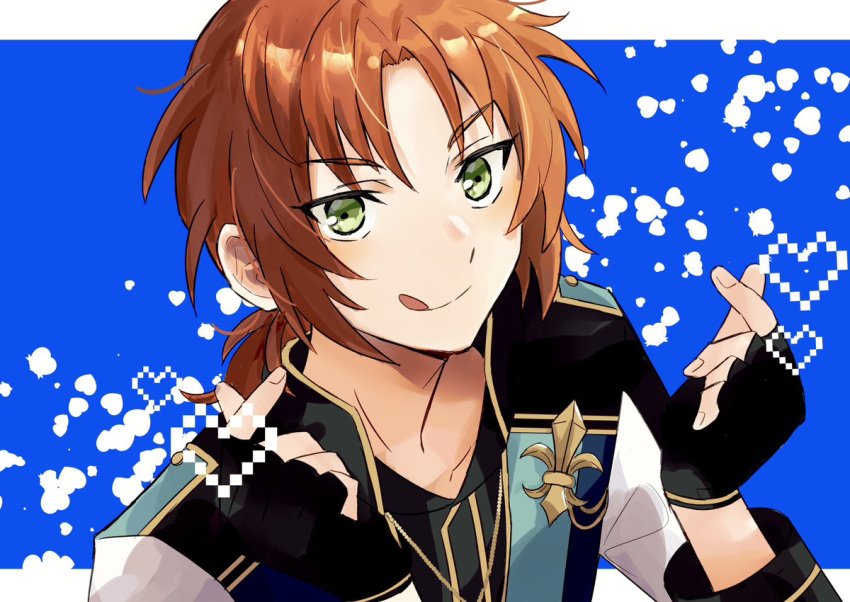 1boy black_gloves commentary_request ensemble_stars! finger_heart fingerless_gloves fingernails gloves green_eyes heart long_hair long_sleeves looking_at_viewer male_focus nago_0313 orange_hair solo tongue tongue_out tsukinaga_leo upper_body