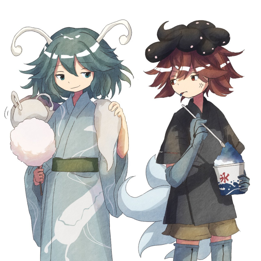 2others :q alternate_costume androgynous anger_vein animal_on_shoulder antennae azuma_kaisen black_headwear blue_eyes blue_gloves blue_hair blue_kimono blue_thighhighs blue_tongue brown_shorts closed_mouth colored_tongue commentary_request cotton_candy cup elbow_gloves food gloves green_sash grey_shirt guwara_mudafu highres holding holding_cup holding_food holding_spoon japanese_clothes kesa_kujiru kimono len'en long_sleeves looking_at_another motion_lines multiple_others multiple_tails no_headwear petting red_eyes redhead sash shaved_ice shirt short_hair short_sleeves shorts slug slug_print smirk spoon tadpole_hat tadpole_tail tail thigh-highs tongue tongue_out v-shaped_eyebrows white_background wide_sleeves
