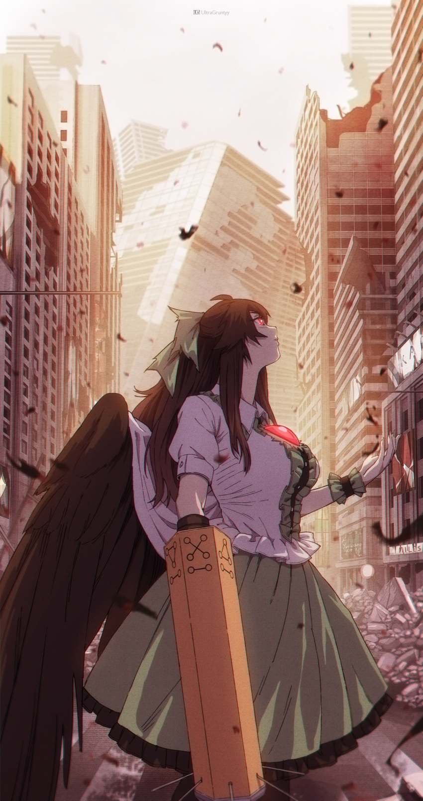 1girl absurdres arm_cannon ashes bird_wings black_hair black_wings bow building city closed_mouth collared_shirt feathered_wings feet_out_of_frame from_side green_bow green_skirt hair_bow highres long_hair looking_up post-apocalypse red_eyes reiuji_utsuho rubble ruins shirt short_sleeves single_wrist_cuff skirt sky solo third_eye touhou ultragruntyy weapon white_shirt white_sky wings wrist_cuffs