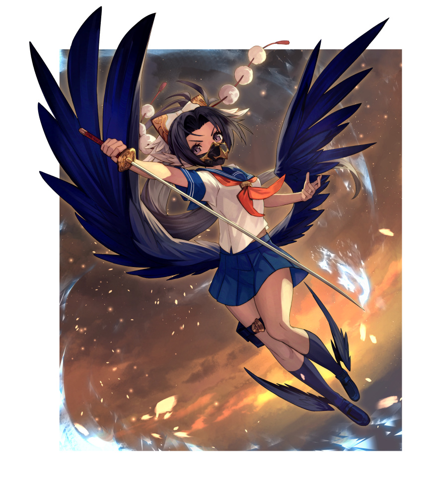 1girl absurdres black_hair bow clouds cloudy_sky commission feathered_wings full_body hair_bow head_wings highres holding holding_sword holding_weapon leg_wings loafers long_hair looking_at_viewer low_wings mask midriff_peek mouth_mask neckerchief original outdoors parted_bangs pleated_skirt pom_pom_(clothes) ponytail school_uniform serafuku shoes short_sleeves skeb_commission skirt sky socks solo sunset sword tengu teo_(telo_ruka) thigh_strap v-shaped_eyebrows very_long_hair violet_eyes weapon wings