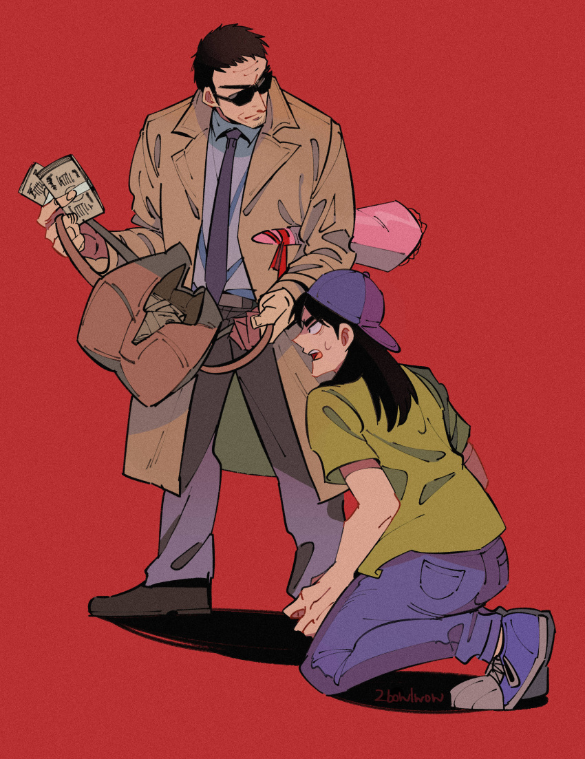 2boys absurdres backwards_hat banknote black_footwear black_hair blue_footwear bouquet brown_bag brown_coat closed_mouth coat collared_shirt commentary_request endou_yuuji full_body green_shirt grey_headwear grey_necktie grey_pants grey_shirt hat highres holding holding_money inudori itou_kaiji kaiji kneeling long_hair long_sleeves looking_at_viewer male_focus medium_bangs money multiple_boys necktie open_mouth pants red_background shirt shoes short_bangs short_hair short_sleeves simple_background sneakers standing suit sunglasses very_short_hair