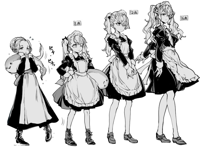 4girls :&lt; age_comparison apron boots braid braided_bun breasts buttons carrying character_age child closed_mouth collared_dress dress endou_okito fish flat_chest flying_sweatdrops frilled_apron frills greyscale hair_between_eyes hair_bun hands_on_own_hips highres loafers long_hair long_sleeves looking_afar maid maid_apron maid_headdress medium_breasts monochrome multiple_girls one_eye_closed original sacabambaspis shoes simple_background socks twintails white_background