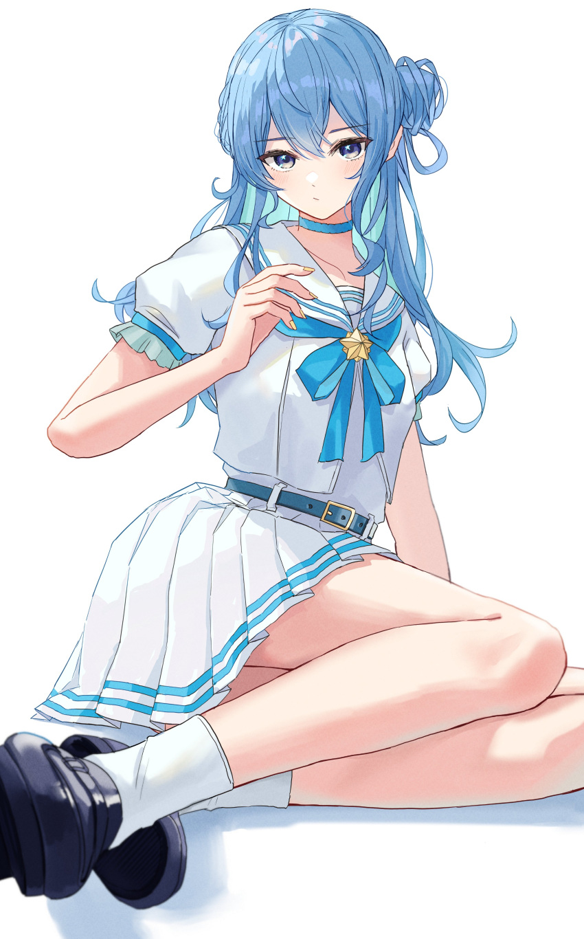 1girl absurdres belt black_footwear blue_belt blue_bow blue_bowtie blue_choker blue_hair bow bowtie choker closed_mouth collar collarbone collared_shirt frilled_sleeves frills hair_bun highres hololive hoshimachi_suisei hoshimachi_suisei_(4th_costume) loafers long_hair looking_at_viewer multicolored_eyes multicolored_hair sailor_collar shirt shoes short_sleeves simple_background single_hair_bun sitting skirt socks solo tagosaku_(tatsukiuma0329) two-tone_hair white_background white_collar white_sailor_collar white_shirt white_skirt white_socks