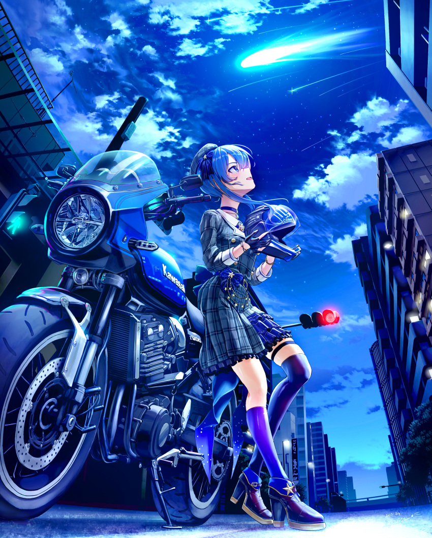 1girl absurdres apartment blue_bow blue_dress blue_eyes blue_footwear blue_hair boots bow dress estrella_(uypu4574) hair_bow headwear_removed helmet helmet_removed high_heel_boots high_heels highres holding holding_helmet hololive hoshimachi_suisei hoshimachi_suisei_(1st_costume) long_hair motor_vehicle motorcycle motorcycle_helmet night night_sky open_mouth outdoors shooting_star sky smile solo standing star_(sky) starry_sky virtual_youtuber