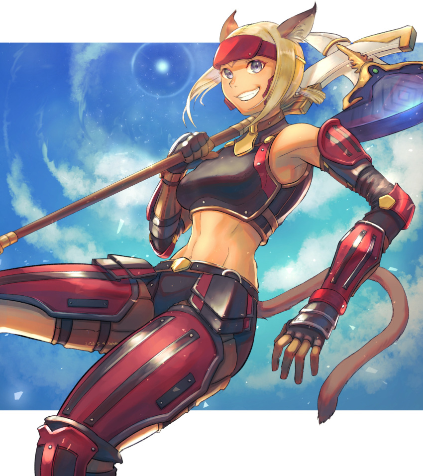 1girl animal_ear_fluff animal_ears arm_guards armor avatar_(ff11) axe bare_shoulders battle_axe black_armor black_gloves blonde_hair blue_eyes blue_sky boobplate breastplate breasts brown_tail cactus41747280 cat_ears cat_girl cat_tail clouds dark-skinned_female dark_skin fang final_fantasy final_fantasy_xi fingerless_gloves forehead_protector gloves grin highres holding holding_axe medium_breasts midriff mithra_(ff11) navel over_shoulder red_armor short_hair short_ponytail sky smile solo tail teeth warrior_(final_fantasy) weapon weapon_over_shoulder