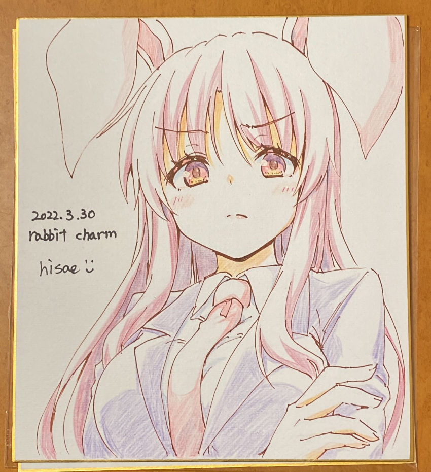 animal_ears artist_name breasts colored_pencil_(medium) dated english_text highres hisae_(hisae_collect) long_hair looking_at_viewer necktie portrait purple_hair rabbit_ears red_eyes red_necktie reisen_udongein_inaba suit touhou traditional_media upper_body