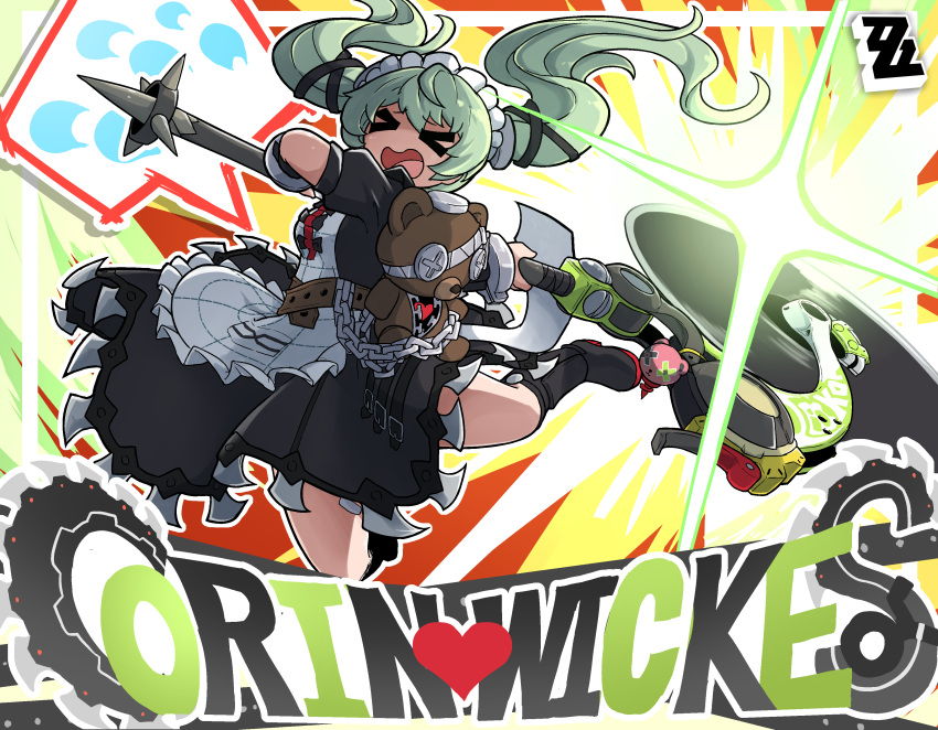 &gt;_&lt; 1girl absurdres apron black_bow black_dress boots bow breasts chain character_name combat_boots corin_wickes dress english_commentary full_body funennogomi green_hair high_belt highres holding holding_weapon logo long_hair maid_apron maid_headdress puffy_short_sleeves puffy_sleeves short_sleeves small_breasts solo stuffed_animal stuffed_toy teddy_bear twintails weapon zenless_zone_zero