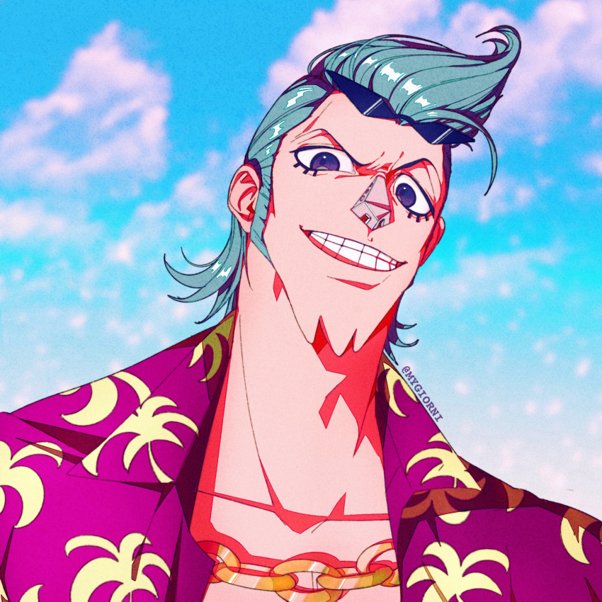 1boy artist_name black_eyes blue_hair blue_sky chain_necklace clouds cloudy_sky eyewear_on_head franky_(one_piece) grin hawaiian_shirt highres jewelry looking_at_viewer male_focus mygiorni necklace one_piece open_clothes outdoors shirt short_hair sideburns sky smile solo sunglasses teeth