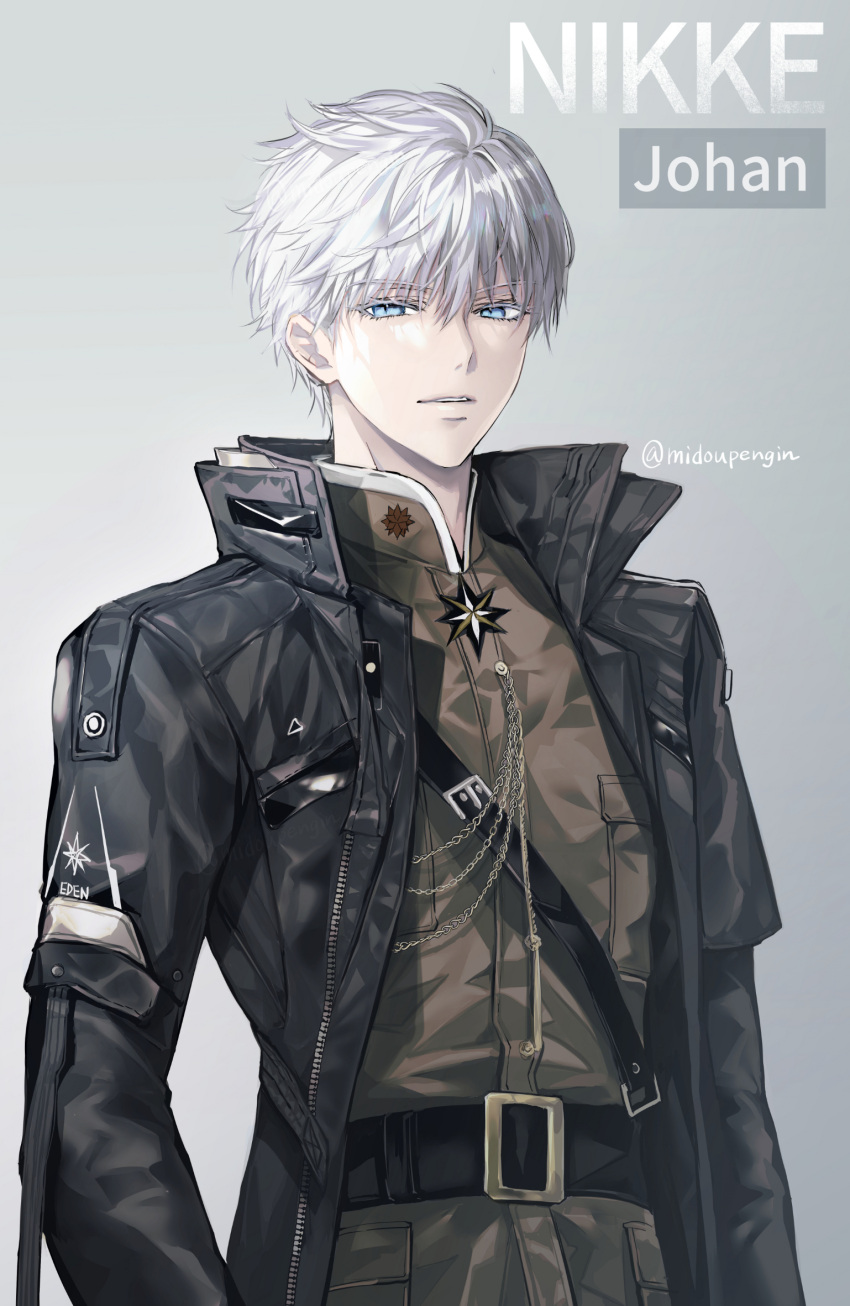 1boy arms_up artist_name belt black_jacket blue_eyes character_name copyright_name goddess_of_victory:_nikke hat highres jacket johan_(nikke) leash male_focus military military_hat military_uniform mintes open_mouth shirt solo standing teeth uniform upper_teeth_only white_hair