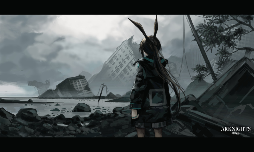 1girl absurdres amiya_(arknights) animal_ears arknights black_jacket brown_hair building clouds cloudy_sky commentary copyright_name day facing_away from_behind highres hood hooded_jacket jacket jewelry kyoko_(zeprii4) letterboxed long_hair long_sleeves multiple_rings muted_color outdoors ponytail rabbit_ears rabbit_girl ring rock ruins scenery sky solo standing tree utility_pole very_long_hair water wide_shot