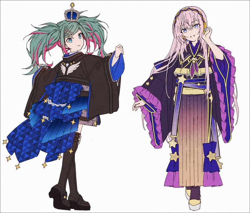 2girls black_footwear black_kimono blue_eyes boots closed_mouth crown frilled_sleeves frills green_hair grey_background hair_between_eyes hair_ornament hakusai_(tiahszld) hand_on_headphones hand_up hands_up hatsune_miku head_tilt headphones highres japanese_clothes kimono long_hair long_sleeves megurine_luka mini_crown multicolored_hair multiple_girls parted_lips pinching_sleeves pink_hair project_sekai safety_pin short_kimono simple_background sleeves_past_wrists smile standing streaked_hair swept_bangs thigh_boots twintails very_long_hair vocaloid wide_sleeves