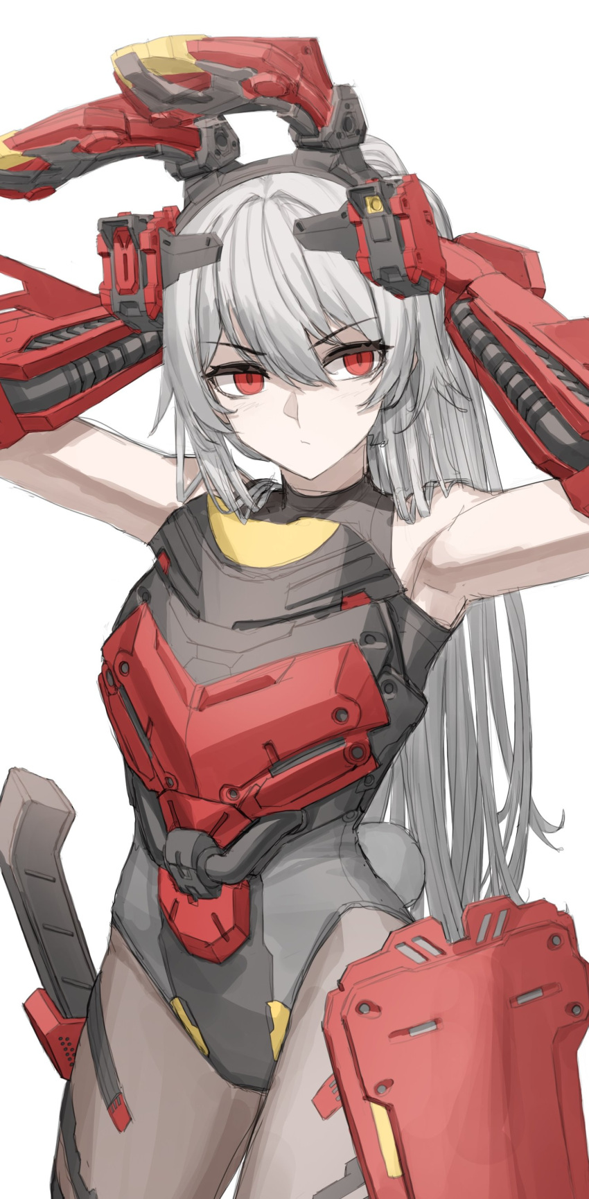 1girl absurdres adjusting_hair bare_shoulders charolic_(girls'_frontline_2) cheogtanbyeong gauntlets girls'_frontline_2:_exilium girls_frontline grey_hair highres leotard long_hair looking_to_the_side mechanical_ears pantyhose rabbit_tail red_eyes solo tail unfinished very_long_hair