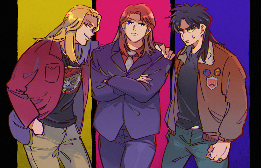 3boys black_eyes black_hair black_shirt blonde_hair blue_pants bomber_jacket brown_hair brown_jacket brown_pants clenched_hand closed_mouth collared_shirt commentary_request cowboy_shot crossed_arms frown grin hand_in_pocket hand_on_another's_shoulder highres ichijou_seiya inudori itou_kaiji jacket kaiji kitami_(kaiji) long_hair long_sleeves looking_at_viewer male_focus medium_bangs multiple_boys necktie open_clothes open_jacket pants parted_bangs purple_jacket purple_pants red_jacket red_shirt shirt smile suit white_necktie