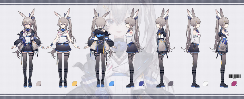 1girl :d absurdres animal_ear_fluff animal_ears arm_ribbon barcode bare_shoulders belt belt_pouch black_belt black_bow black_bowtie black_footwear black_jacket black_skirt black_thighhighs blue_belt blue_bow boots bow bowtie breasts closed_mouth cross-laced_footwear fox_mask full_body grey_background grey_eyes grey_hair grey_jacket grey_ribbon grid_background hair_bow hair_ornament hairclip high_collar highres hood hood_down hooded_jacket jacket jewelry knee_boots lace-up_boots lite_luyu long_hair long_sleeves looking_at_viewer mask mask_removed miniskirt multicolored_clothes multicolored_jacket multiple_views open_clothes open_jacket original pleated_skirt pouch profile puffy_long_sleeves puffy_sleeves rabbit_ears rabbit_girl reference_sheet ribbon ring shirt shoe_belt shoulder_tattoo side_ponytail sidelocks single_off_shoulder skirt sleeveless sleeveless_shirt small_breasts smile standing tattoo thigh-highs thigh_sheath thigh_strap turnaround two-tone_jacket under_boob very_long_hair white_shirt wrist_cuffs zoom_layer
