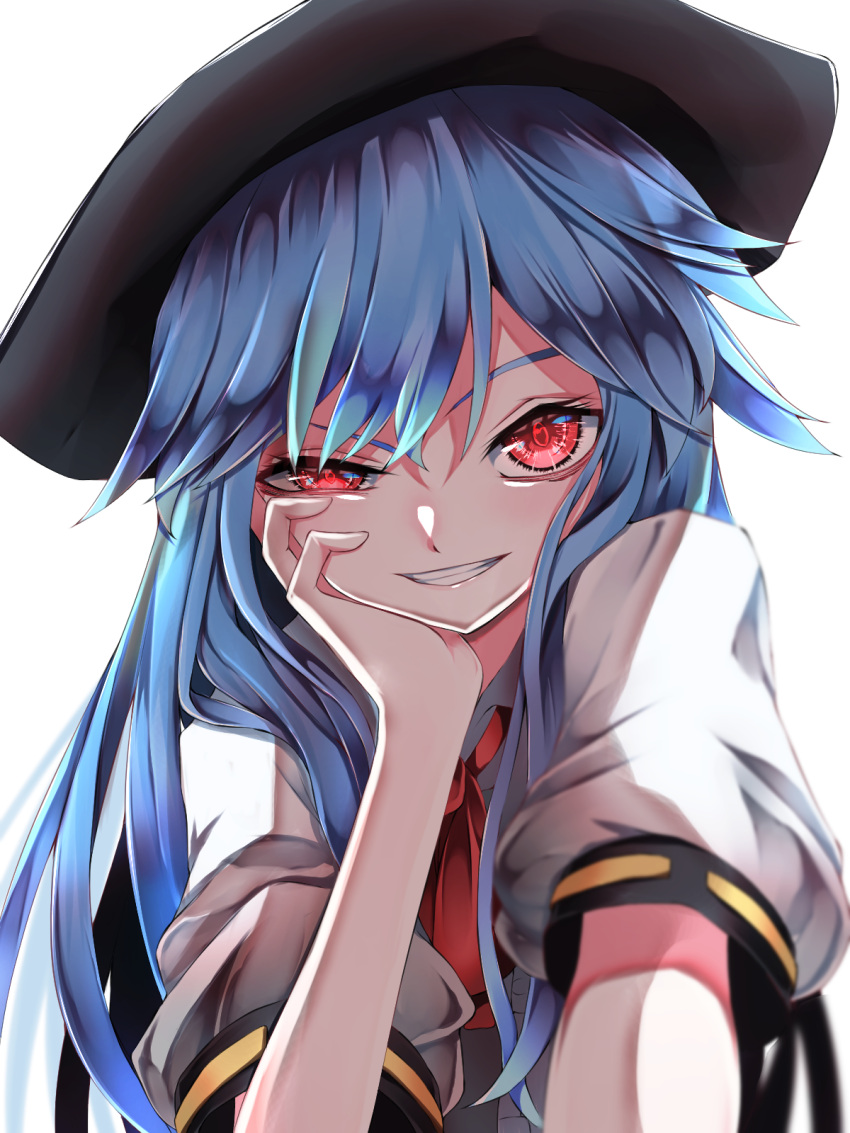 1girl black_headwear blue_hair bow bowtie commentary_request grin hand_on_own_cheek hand_on_own_face hat head_rest highres hinanawi_tenshi long_hair looking_at_viewer medium_bangs puffy_short_sleeves puffy_sleeves red_bow red_bowtie red_eyes shirt short_sleeves simple_background smile solo touhou tsune_(tune) upper_body white_background white_shirt