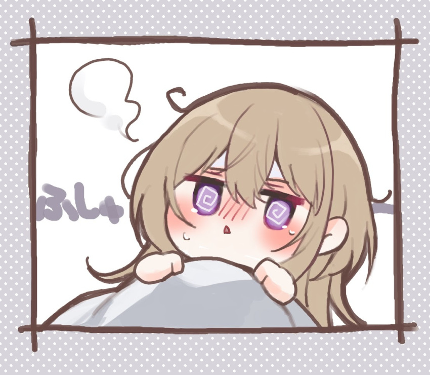 1girl :&lt; @_@ blanket blush brown_hair chibi commentary_request ebihara_beniko grey_background hair_between_eyes hands_up original parted_lips polka_dot polka_dot_background solo steam sweat translation_request under_covers violet_eyes
