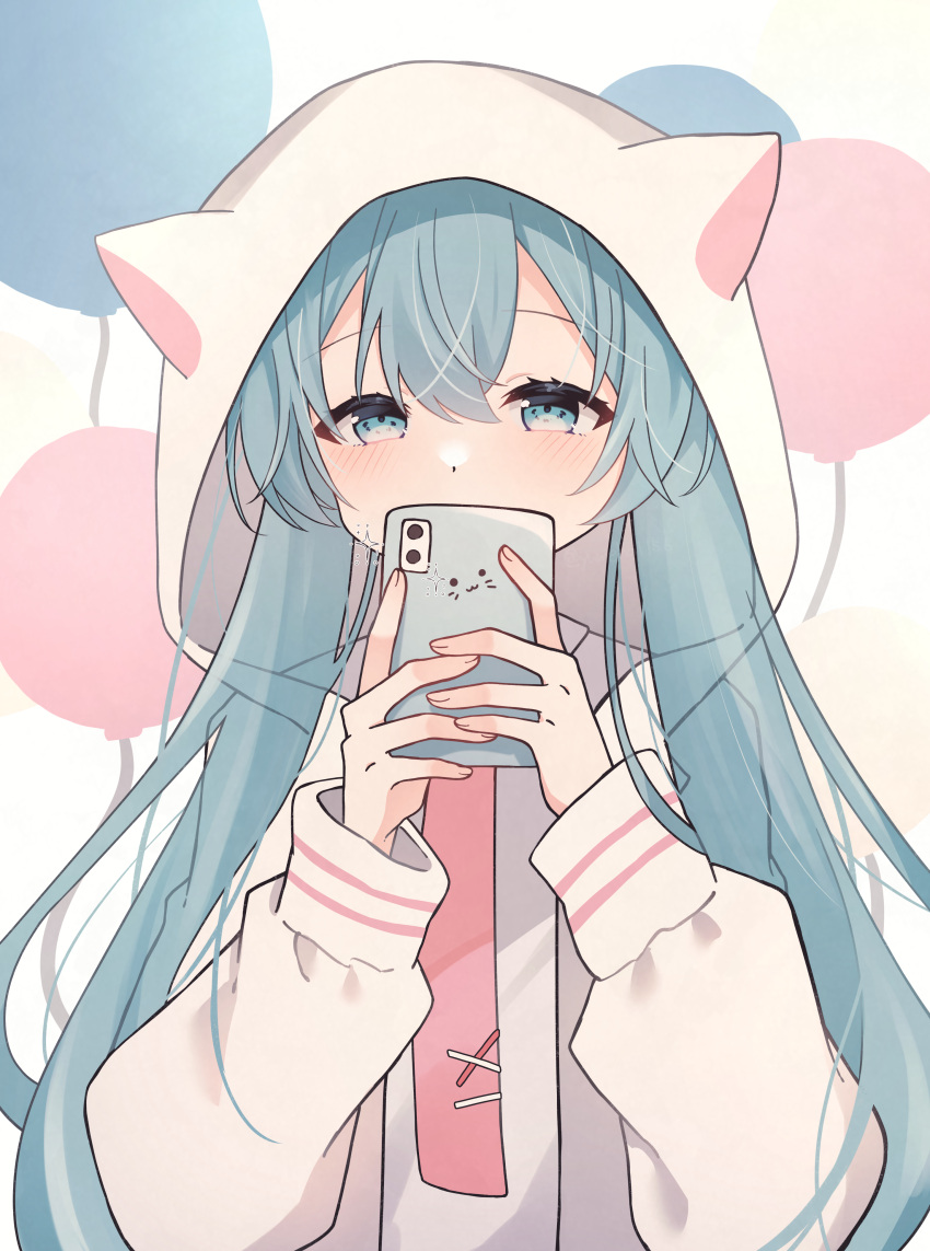 1girl absurdres animal_ears animal_hood balloon blue_eyes blue_hair blush cat_ears cat_hood commentary_request covering_mouth fake_animal_ears hatsune_miku highres holding holding_phone hood hood_up hoodie long_hair long_sleeves looking_at_viewer necktie phone solo sparkle tie_clip translucent_hair twintails very_long_hair vocaloid yomiya_yumeha