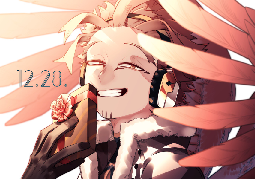 1boy black_gloves blurry blurry_foreground boku_no_hero_academia brown_eyes brown_hair coat dated feathers fur-trimmed_coat fur_trim gift gloves goatee_stubble grin hawks_(boku_no_hero_academia) headphones holding holding_gift macha@meshi male_focus red_wings short_hair smile solo upper_body wings