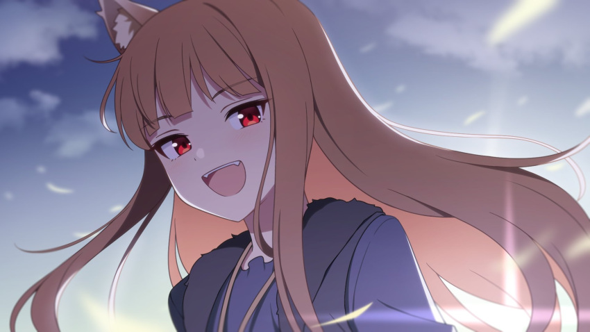 1girl animal_ear_fluff animal_ears blush brown_hair child_(isoliya) clouds fangs highres holo long_hair looking_at_viewer open_mouth orange_hair outdoors red_eyes sky solo spice_and_wolf teeth upper_body upper_teeth_only wolf_ears wolf_girl