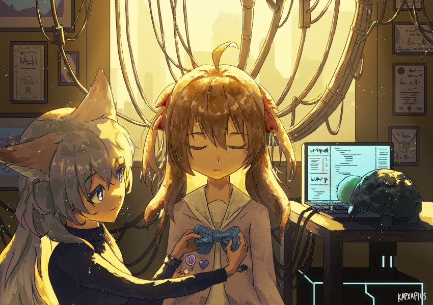 +_+ 2girls adjusting_another's_clothes ahoge animal_ears annytf backlighting badge black_shirt blue_bow blue_bowtie bow bowtie brown_hair button_badge cable closed_eyes closed_mouth computer expressionless fox_ears fox_girl grey_hair hair_between_eyes hair_ornament hair_ribbon heart highres indie_virtual_youtuber indoors kapxapius laptop light_particles long_hair long_sleeves looking_at_another multiple_girls neuro-sama picture_frame purple_shirt red_ribbon ribbon sailor_collar school_uniform serafuku shirt sidelocks smile star_(symbol) star_hair_ornament table turtle turtleneck two_side_up upper_body vedal987 virtual_youtuber white_sailor_collar white_serafuku window
