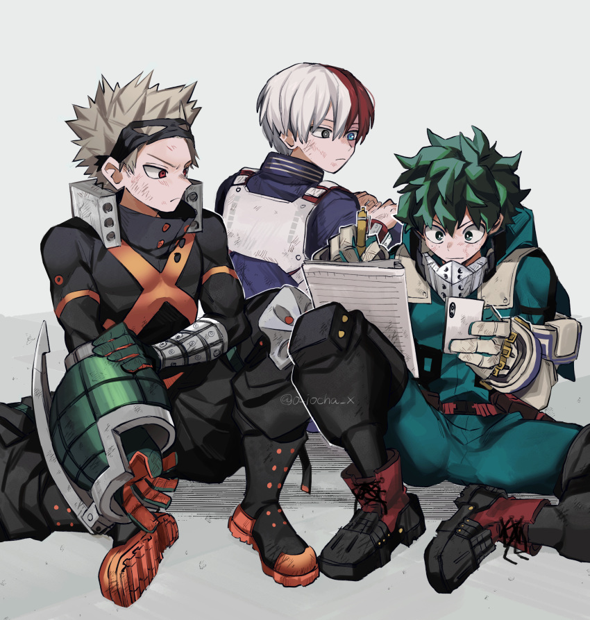 &gt;:( 3boys absurdres alternate_hair_color aqua_bodysuit aqua_gloves baggy_pants bakugou_katsuki bangs_pinned_back belt belt_pouch black_footwear black_mask black_pants blue_eyes boku_no_hero_academia boots bright_pupils burn_scar closed_mouth colored_shoe_soles combat_boots commentary_request concentrating cross-laced_footwear dirty dirty_clothes eye_mask freckles frown full_body gloves green_eyes green_gloves green_hair grey_background grey_eyes grey_gloves grey_hair hair_between_eyes hand_on_own_knee hands_up heterochromia high_collar highres holding holding_pen holding_phone knee_boots knee_up looking_at_another looking_to_the_side male_focus mask mask_on_head midoriya_izuku mimisu multicolored_hair multiple_boys notebook on_floor on_ground orange_gloves outline outstretched_arm pants partial_commentary pen phone pouch red_belt red_eyes redhead scar scar_on_face scratches shadow shoe_soles short_hair single_horizontal_stripe sitting snap-fit_buckle spiky_hair split-color_hair spread_legs straight_hair todoroki_shouto toned toned_male turning_head twitter_username two-tone_gloves two-tone_hair utility_belt v-shaped_eyebrows white_hair white_outline white_pupils wrist_guards writing x