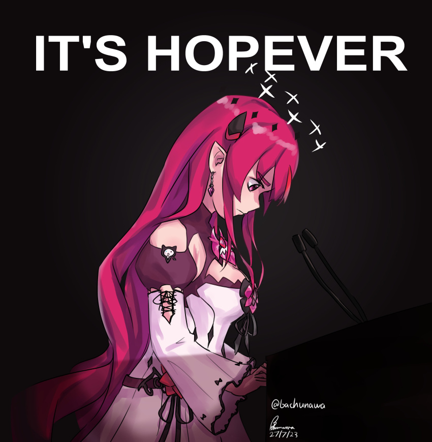 1girl absurdres artist_name bachunawa black_background breasts commentary dated detached_sleeves english_commentary english_text from_side frown halo highres hololive hololive_english horns irys_(1st_costume)_(hololive) irys_(hololive) it's_joever_(meme) lectern long_hair looking_down meme microphone multicolored_hair pink_eyes pointy_ears profile pun purple_hair redhead signature simple_background solo standing star_halo twitter_username upper_body very_long_hair virtual_youtuber wide_sleeves