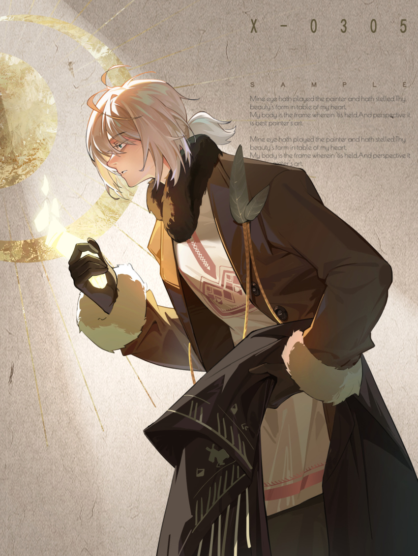 1boy absurdres beishang_yutou black_gloves black_scarf blue_eyes brown_background brown_coat coat cowboy_shot english_text from_side fur-trimmed_coat fur-trimmed_shirt fur_trim gloves grey_hair hand_up highres holding holding_clothes holding_scarf low_ponytail male_focus medium_hair open_clothes open_coat parted_lips profile reverse:1999 scarf scarf_removed shirt sidelighting solo spotlight white_shirt zima_(reverse:1999)