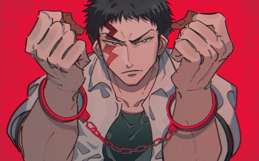 1boy absurdres black_eyes black_hair black_shirt buraiden_gai clenched_hands closed_mouth collared_shirt commentary_request cuffs fingernails frown handcuffs highres inudori kudou_gai looking_at_viewer male_focus red_background scar scar_across_eye shirt short_bangs short_hair solo upper_body v-shaped_eyebrows very_short_hair white_shirt