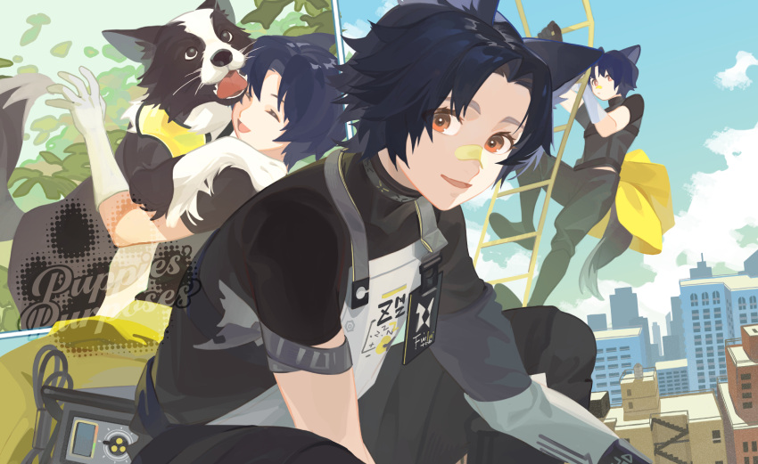 1boy animal animal_ears apron arknights arm_scarf bandaid bandaid_on_face bandaid_on_nose black_shirt blue_hair blue_sky border_collie building closed_eyes clothes_around_waist commentary dark_blue_hair dog dog_boy dog_ears dog_tail favilia feet_out_of_frame gloves highres holding holding_animal holding_dog id_card jacket jacket_around_waist ladder looking_at_viewer male_focus multiple_views open_mouth orange_eyes outdoors parted_bangs plant rope_ladder shirt sky smile tail watermark white_apron white_gloves windflit_(arknights) yellow_jacket