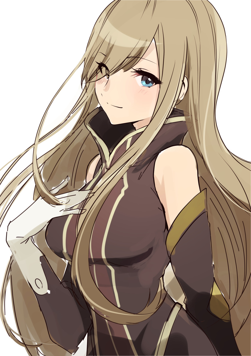 1girl absurdres bare_shoulders blue_eyes breasts brown_dress brown_sleeves closed_mouth commentary_request detached_sleeves dress eyes_visible_through_hair gloves hair_over_one_eye hand_on_own_chest high_collar highres large_breasts light_blush light_brown_hair light_smile long_hair looking_at_viewer risumi_(taka-fallcherryblossom) sidelocks sketch sleeveless sleeveless_dress solo swept_bangs tales_of_(series) tales_of_the_abyss tear_grants upper_body very_long_hair white_background white_gloves
