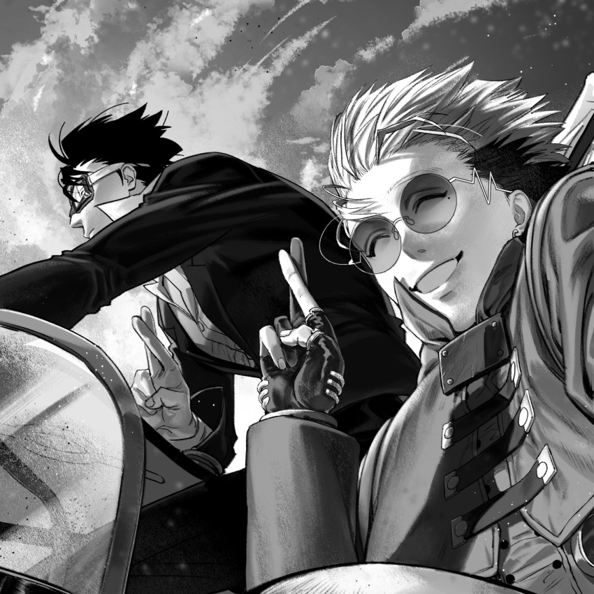 2boys clouds crossed_fingers driving earrings floating_hair gloves goggles greyscale hand_up highres jacket jewelry light_particles long_sleeves meryl_stryfe mole mole_under_eye monochrome motor_vehicle multicolored_hair multiple_boys partially_fingerless_gloves round_eyewear sky smile sunglasses trigun trigunzf two-tone_hair vash_the_stampede wind