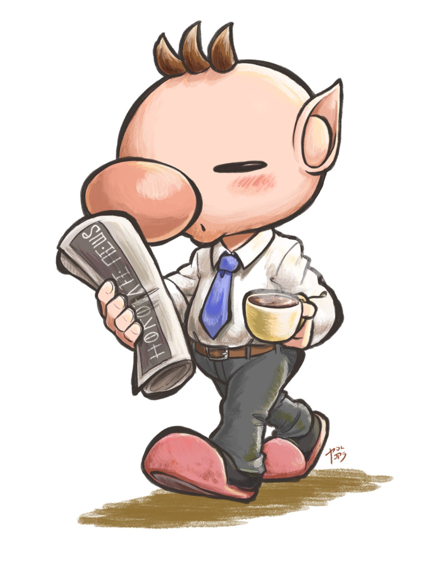 1boy alien alternate_costume belt belt_buckle big_nose black_pants blue_necktie blush blush_stickers brown_belt brown_hair buckle closed_eyes coffee_mug collared_shirt commentary_request cup denim fingernails full_body highres holding holding_cup holding_newspaper jeans koaraymt long_sleeves mug necktie newspaper no_headwear olimar open_mouth pants pikmin_(series) pink_footwear pointy_ears shadow shirt short_hair signature slippers steam very_short_hair white_background white_shirt