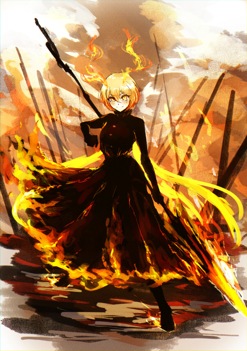 1girl absurdres akita_(akitakipuromun) antennae black_dress black_gloves blonde_hair closed_mouth don_quixote_(limbus_company) dress e.g.o_(project_moon) embers fiery_clothing fire gloves highres holding holding_polearm holding_weapon limbus_company long_sleeves looking_at_viewer polearm project_moon short_hair smoke solo spear weapon yellow_eyes