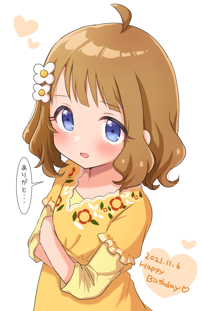 1girl ahoge blue_eyes blush brown_hair child commentary_request crossed_arms dot_nose dress flat_chest floral_print flower hair_flower hair_ornament happy_birthday heart highres idolmaster idolmaster_million_live! kahiika long_sleeves looking_at_viewer open_mouth short_hair sidelocks solo speech_bubble suou_momoko translation_request upper_body wavy_hair white_background yellow_dress