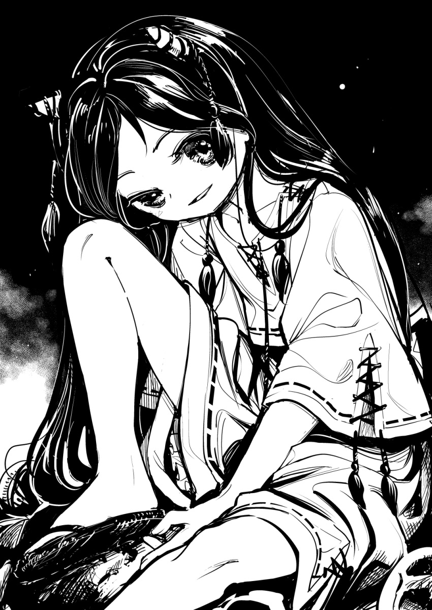 1girl barefoot greyscale highres horns long_hair monochrome nippaku_zanmu oni_horns open_mouth revision sandals shirt short_sleeves shorts smile solo suna_(s73d) touhou wide_sleeves
