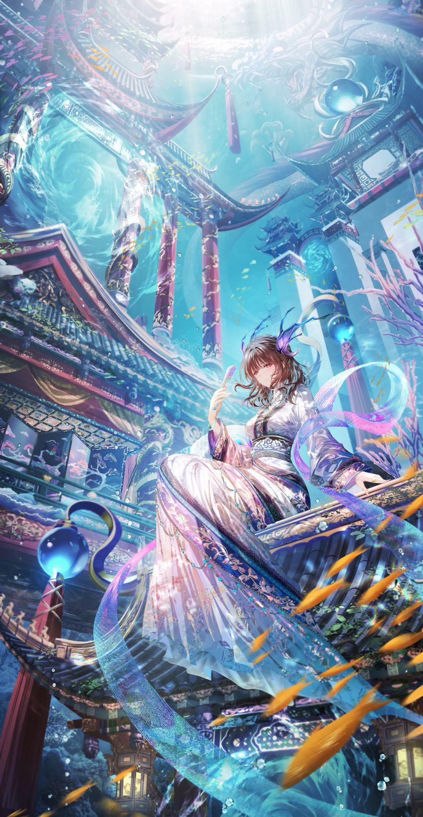 1girl absurdres architecture bracelet brown_eyes brown_hair china_dress chinese_clothes cloud_print dress east_asian_architecture fish floral_print hand_fan highres holding holding_fan japanese_architecture japanese_clothes jewelry junpaku_karen long_sleeves looking_at_viewer looking_down necklace obi on_roof original purple_shawl sash shawl sitting sitting_on_roof smile solo underwater white_dress