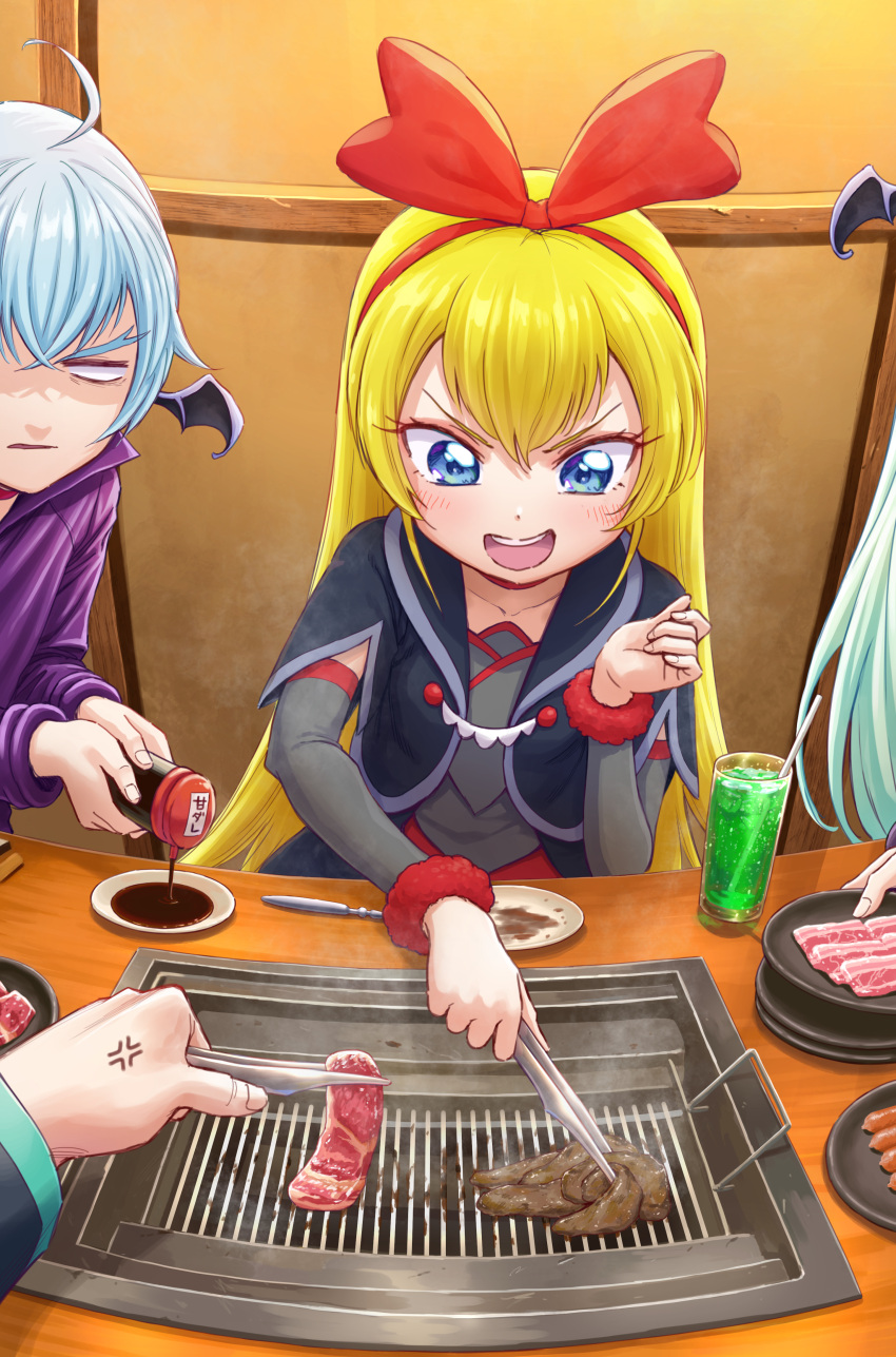 2boys 2girls absurdres anger_vein bat_wings bel_(dokidoki!_precure) black_jacket blank_eyes blonde_hair blue_eyes blue_hair booth_seating bow commentary_request cropped_jacket cup detached_sleeves dokidoki!_precure dress drinking_glass food giving green_hair grey_dress grey_sleeves grill hair_bow hairband head_wings highres holding holding_tongs indoors ira_(dokidoki!_precure) itou_shin'ichi jacket long_hair looking_at_another mamo_(dokidoki!_precure) meat multiple_boys multiple_girls open_mouth out_of_frame partial_commentary plate pouring precure red_hairband red_ribbon regina_(dokidoki!_precure) ribbon sauce sitting smile solo_focus soy_sauce tongs v-shaped_eyebrows wings