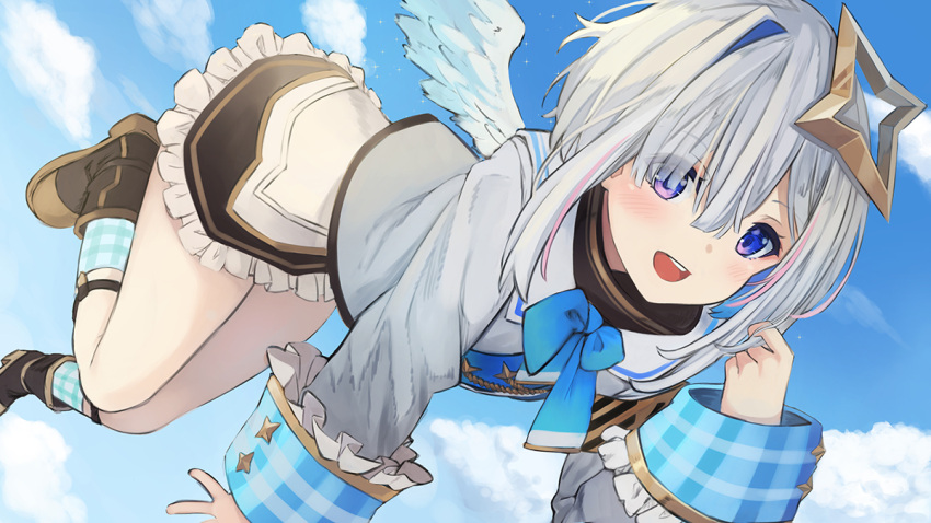 1girl aiguillette amane_kanata amane_kanata_(1st_costume) angel_wings armband black_footwear black_skirt blue_bow blue_bowtie blue_hair bow bowtie clouds colored_inner_hair cropped_jacket frilled_skirt frilled_sleeves frills grey_jacket halo hololive jacket kiukoma legwear_garter multicolored_hair open_mouth plaid_socks sailor_collar skirt sky sleeve_cuffs solo star_(symbol) star_halo violet_eyes virtual_youtuber white_sailor_collar wide_sleeves wings yellow_armband