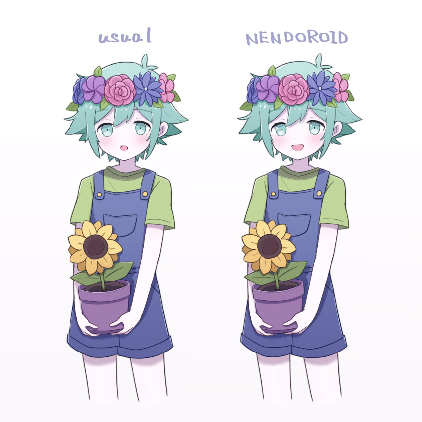 1boy basil_(omori) blue_overalls blush colored_skin english_text flower green_eyes green_hair green_shirt hatoba_(hatoba_yado) head_wreath highres holding_flower_pot looking_at_viewer omori open_mouth overall_shorts overalls plant potted_plant shirt short_hair short_sleeves simple_background sunflower white_background white_skin