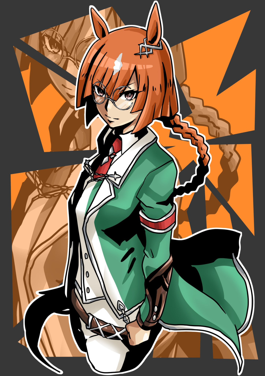 1girl animal_ears armband asymmetrical_bangs belt braid braided_ponytail breasts brown_eyes brown_hair clenched_hand closed_mouth collared_shirt cropped_legs glasses green_jacket high_contrast highres horse_ears horse_girl horse_tail ikuno_dictus_(umamusume) jacket long_hair long_sleeves looking_at_viewer necktie pants popopopopo_0101 red_necktie round_eyewear shirt small_breasts solo tail umamusume vest white_pants white_shirt white_vest zoom_layer
