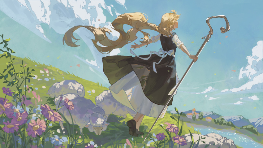 1girl absurdres animal back_bow black_dress black_footwear blonde_hair bow building clouds commentary day dress dutch_angle english_commentary facing_away facing_up floating_hair flock flower from_behind full_body gejiandenghuo grazing_(livestock) highres holding lake light_brown_hair long_hair meadow mountainous_horizon original outdoors outstretched_arms petals pinafore_dress pink_flower sheep shepherd shepherd's_crook shoe_soles shoes sky sleeveless sleeveless_dress sleeves_rolled_up spread_arms standing very_long_hair white_bow white_dress wind