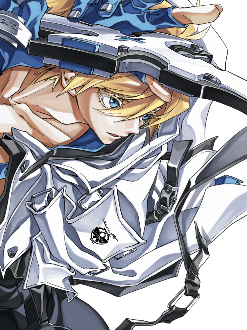 1boy blonde_hair blue_eyes blue_gloves collarbone dong_hole english_text gloves guilty_gear guilty_gear_strive highres holding holding_sword holding_weapon jacket jacket_on_shoulders ky_kiske male_focus open_mouth partially_fingerless_gloves short_hair simple_background solo sword thunderseal weapon white_background white_jacket